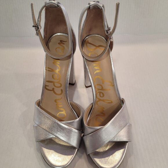 Sam Edelman Yancy size 8M High Block Heel Sandal Ankle Strap Silver Shoes - Picture 2 of 8